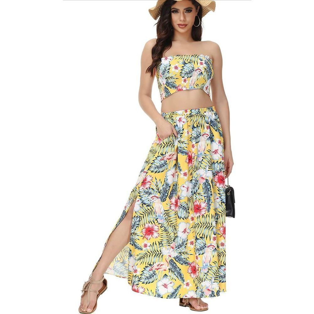Willotis 2 Piece Hawaiian Outfits for Women Summer Vacation Beach Floral Crop To